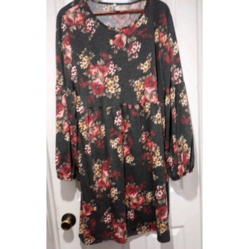 Acting Pro Woman Dress/Tunic Plus Size 3XL Gray Long Sleeve Floral Midi Boho
